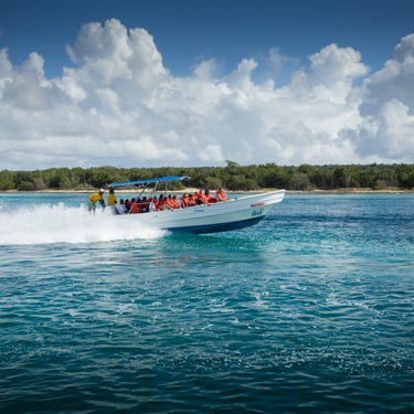 Tourists on a speedboat excursion to Saona Island, Dominican Republic