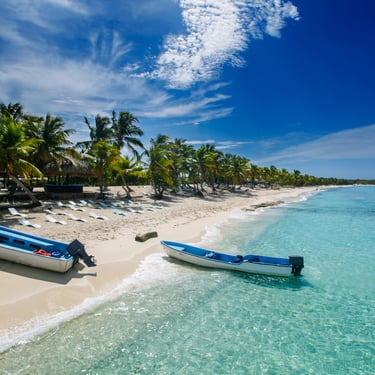 Sandy beach with palm trees and fishing boats on Catalina Island Caribbean coast.