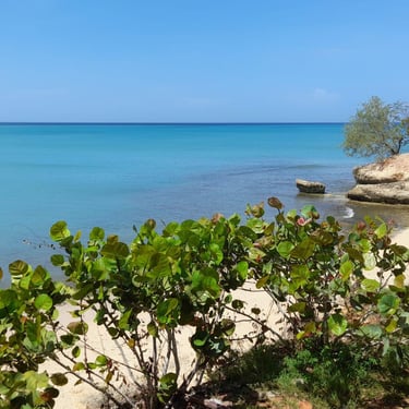 Quiet beach with clear blue water and rocky cliffs in La Isabela, Dominican Republic