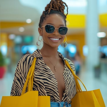 Smiling woman shopping at a modern mall in the Dominican Republic with yellow bags