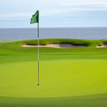 Oceanfront golf green with bunker and flag on a luxury golf course in the Dominican Republic