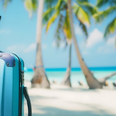Blue suitcase on tropical beach with palm trees, perfect for Dominican Republic packing list