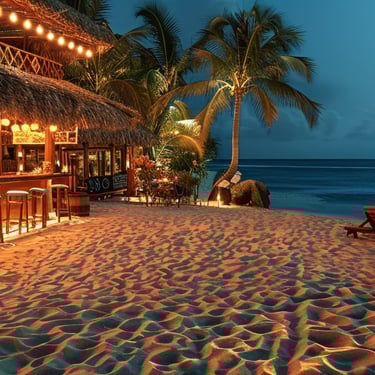 Beachfront bar with palm trees and moonlit ocean in the Dominican Republic nightlife scene