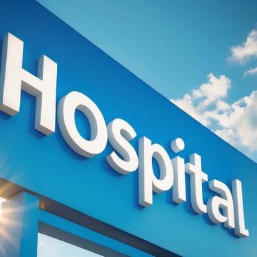 Modern hospital sign under a sunny sky, symbolizing reliable medical care