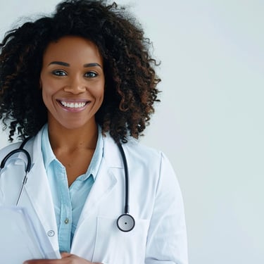 Smiling female doctor with stethoscope and clipboard in clinic