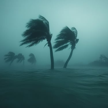 Palm trees bending in heavy wind and rain during hurricane season in the Dominican Republic