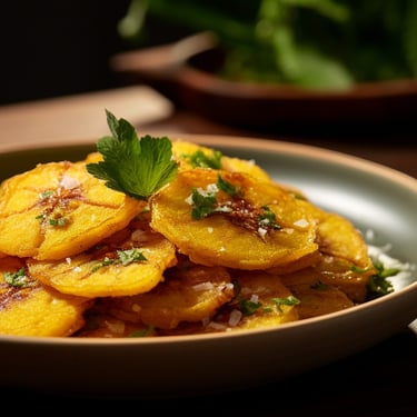 Crispy golden tostones, a popular Dominican food made from twice-fried green plantains