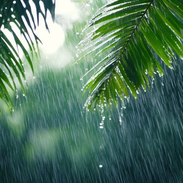 Tropical rain falling on palm leaves during wet season in the Dominican Republic
