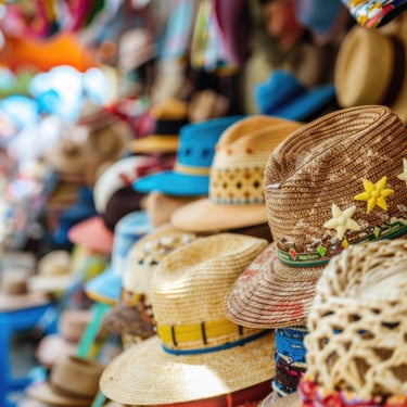 Colorful straw hats for sale at a Dominican Republic beach market souvenir stand