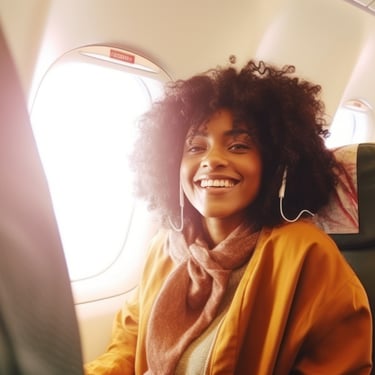 Happy traveler on a flight to the Dominican Republic with travel essentials and cozy layers