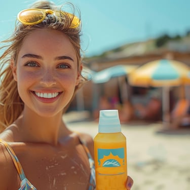 Smiling woman holding sunscreen, a beach travel essential for packing list to the Dominican Republic