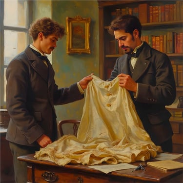Two men examining an old and faded wedding dress they just found.