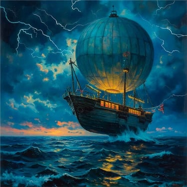 Digital fantasy painting of a steampunk airship sailing through a stormy night sky with lightning.