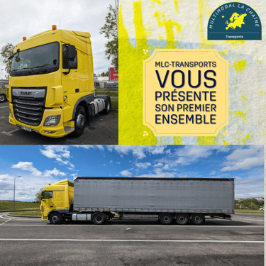 a yellow truck with a yellow trailer and a yellow truck
