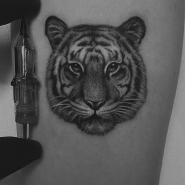 a detailed tiger tattoo on the arm, micro realism tattoo artists portfolio