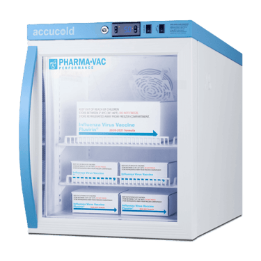 Accucold Pharma-Vac medical refrigerator storing boxes of influenza virus vaccines on glass shelves.