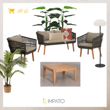 Moodboard de terraza exterior con mobiliario de madera, cojines y lámparas de exterior