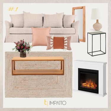 Collage o moodboard de decoración para compra online, con sofá, alfombra y chimenea