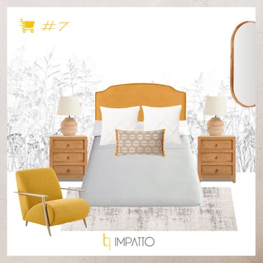Moodboard de dormitorio principal con tonos y detalles amarillos. Interiorismo Valencia