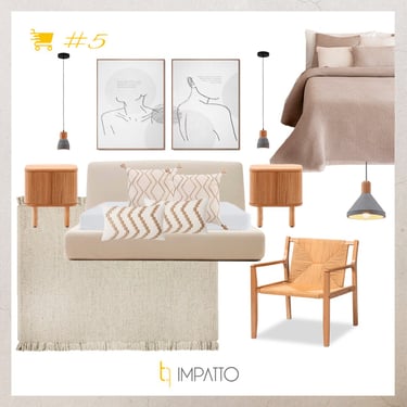 Moodboard de dormitorio matrimonial con mobiliario de madera moderno y canapé forrado de borreguito. Diseño de interiores