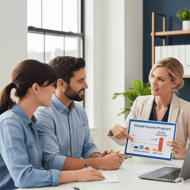 mortgage strategist explains a Stated Income mortgage program to a self-employed couple