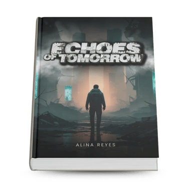 "Book titled 'Echoes of Tomorrow' by Alina Reyes, featuring a lone figure in a dystopian landscape with ruined structures."