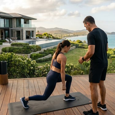 private fitness trainer and performance coach training a client at their luxury estate