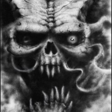 Jacked Jaw Airbrush Painting of Skull with Horns and Broken Jaw