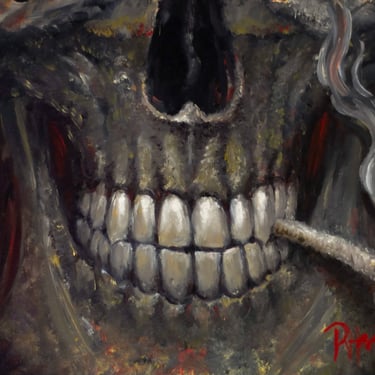 Still Smokin' 420 Skull Smoking Joint Oil Painting 5x7