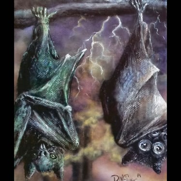 Zero Hour Oil Painting Left Panel Diptych Infected Bat and Gas Mask Bat Pre Covid