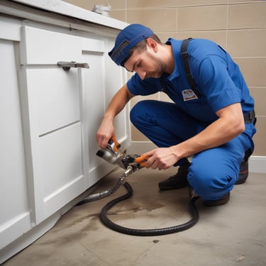 Plumber using a hydro-jet or snake machine to clear a drain.
