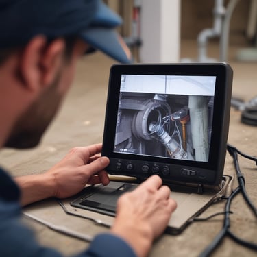 Close-up of plumber using a sewer camera screen, showing live footage of a pipe interior.