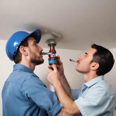 Plumbers inspecting a wall or ceiling for moisture.