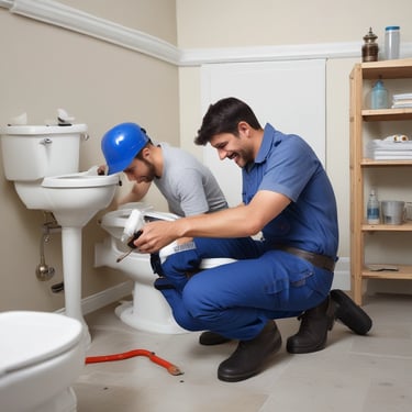 Two plumbers in blue work wear working on a toilet.