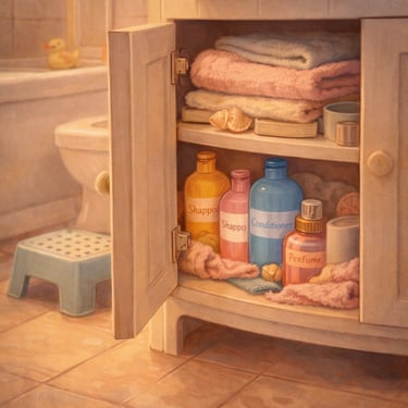 Bathroom cabinet with shampoo, conditioner and perfume hidden away as a safety adaptation in a home