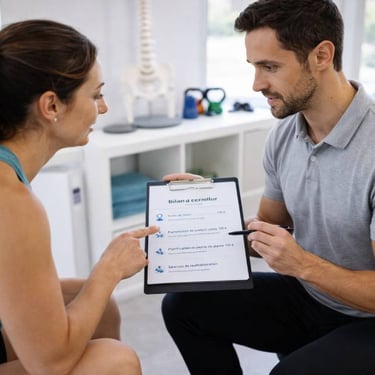 un kiné et une coureuse échange sur la planification d'une reprise de course après blessureu