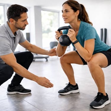 une femme réalise un squat, son kiné de valence en poitou vérifie l'éxecution