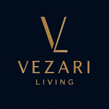 Vezari Living official brand logo in navy blue and gold - luxury handmade carpets from Bhadohi, India