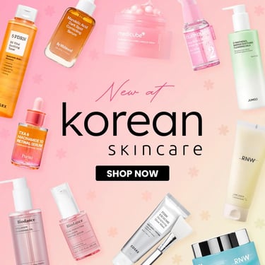 A collection of top-rated Korean skincare products like COSRX and Purito on a pink background.