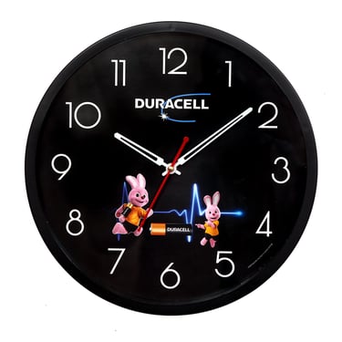 Black Duracell wall clock featuring with customize logo and white numeric display.