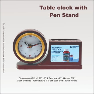 Brown table clock with integrated pen stand and customizable logo area for office desk branding.