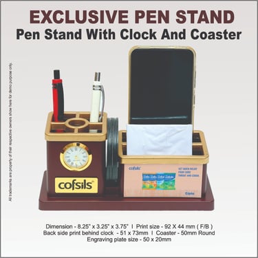 pen stand with an analog clock, mobile holder, and integrated coasters for office desk organization.