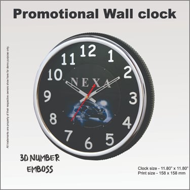 Custom promotional wall clock featuring a black face with 3D embossed numbers and Nexa automotive branding.