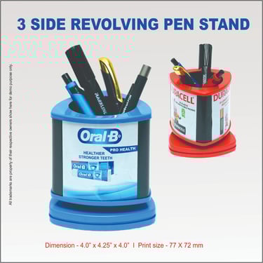 Customizable 3-side revolving pen stand for office desks featuring Oral-B and Duracell promotional branding.