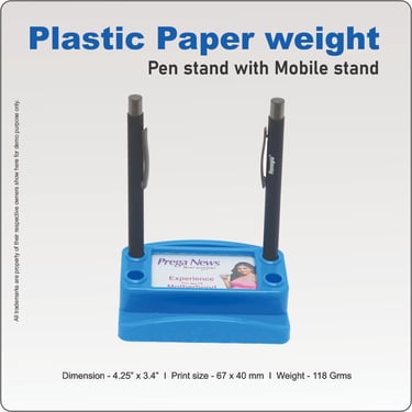 Blue plastic desk organizer featuring a pen stand, mobile holder, and integrated paperweight.