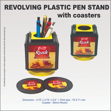 Revolving plastic pen stand and round coasters featuring Parle Rusk branding for office desk organization.