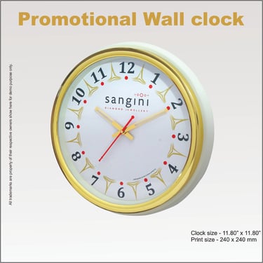 Custom promotional wall clock with gold ring and Sangini Diamond Jewellery logo branding.