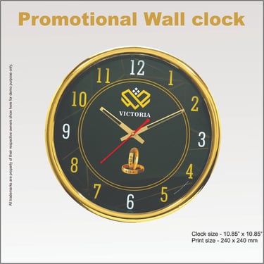 Custom promotional wall clock with gold , black face, and Victoria logo branding for corporate gifts.