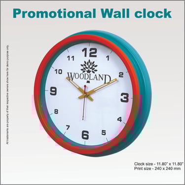 Custom promotional wall clock featuring a teal and orange frame with the Woodland logo on a white face.
