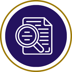 White line icon of a magnifying glass over a document on a purple circle background.